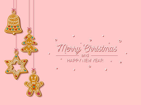 Christmas horizontal banner with hanging homemade gingerbread cookies on a pink background. Homemade cookies in the shape of a star,a Christmas tree, a bell and a gingerbread man.Vector illustrationのイラスト素材