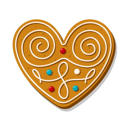 Christmas gingerbread heart is ornately decorated with glaze. Festive cookies in the shape of a heart. Romantic vector illustrations for valentines day, wedding, cooking, romance, love, etc.のイラスト素材