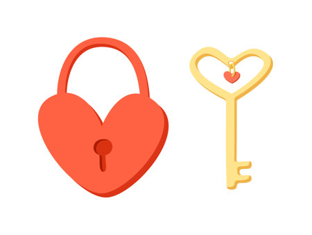 Heart lock and heart key in doodle style isolated on white background. Declaration of love and romantic feelings. For design of greeting card banner flyer for Valentines Day. Vector illustrationのイラスト素材