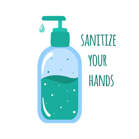 Sanitize your hands poster. Disinfectant bottle in flat style. Preventing the spread of Covid-19. Vector illustrationのイラスト素材