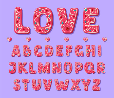 Pink sweet Valentine font. Cute cookies Alphabet. Friendly and lovely font in cartoon style. Vector illustrationのイラスト素材