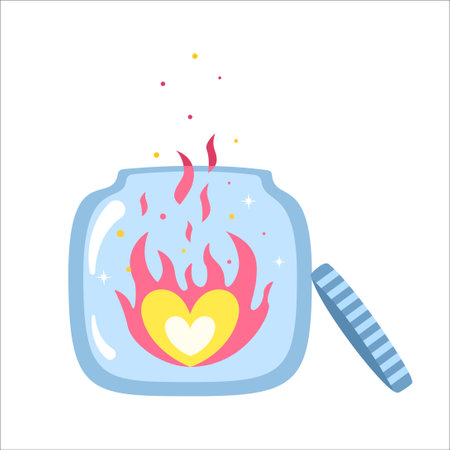 Vector Love jug with burning heart inside isolated on white background. Flaming hearts and blue bottle. Clip art for Valentines Dayのイラスト素材