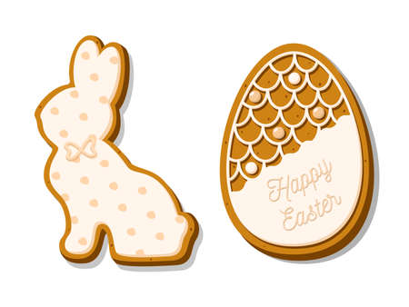 Easter cookies set in the shape of an egg and a rabbit. Homemade festive gingerbread cookies isolated on white background. Vector illustrationのイラスト素材