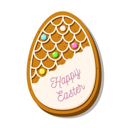 Cute Easter egg-shaped cookies. Gingerbread with glaze isolated on white background. A holiday of...