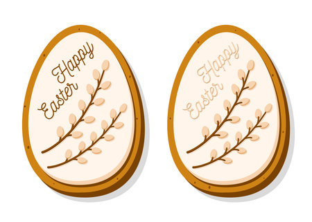 Cute Easter egg-shaped cookies. Gingerbread with pastel glaze and willow isolated on white...
