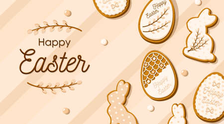 Happy Easter greeting card with eggs and rabbit shaped gingerbread cookies in glaze. Cute Homemade sweets on a pastel background. Vector illustrationのイラスト素材