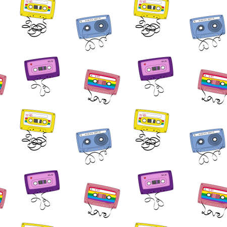 Seamless pattern with audio tapes Cassettes. Vector Illustration in doodle styleのイラスト素材