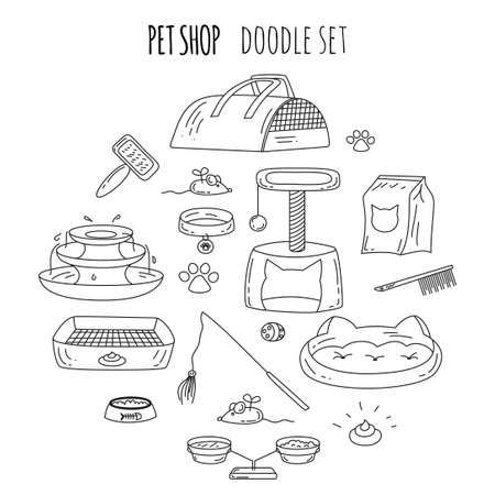 Doodle set with Pets stuff and supply icons set. Vector illustration. Vet symbol collection for pet shopのイラスト素材