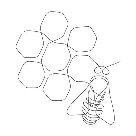 One single line drawing of bee with honeycomb. Honeybee farm icon concept from wasp animal shape. Trendy continuous line art for logo or emblem. Vector illustrationのイラスト素材