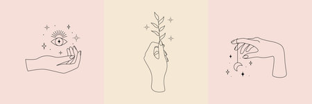 Mystic occult collection with magic symbol of hands, plant, moon, eye and stars.