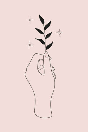 Mystic  with magic symbol of hand, plant and stars. Vector illustration for meditation emblem, icon, sticker, printable and temporary tattooのイラスト素材