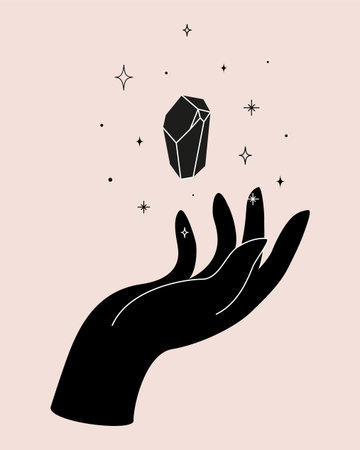 Black women's Hand with celestial crystal logo templates in silhouette design with shining stars. Vector Mystical logo with magic symbol in black and white. Scandinavian doodle style.のイラスト素材