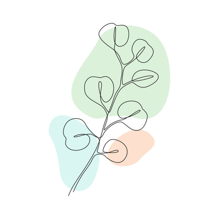 Eucalyptus branch continuous one line drawing with abstract pastel shape. Modern nature minimalist poster. Vector illustration for icon, logo element or shirt printのイラスト素材
