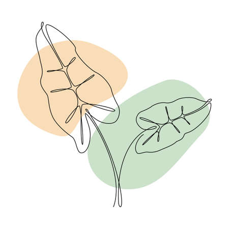 Palm leaves Continuous one line drawing with abstract pastel shape. Modern botany minimalist poster. Vector illustration for icon, exotic logo element or shirt printのイラスト素材
