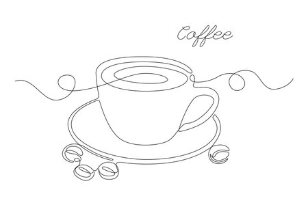 Continuous one line drawing of cup coffee with coffee bean. Simple modern line art for menu, logo, cafe, emblem, banner, card, prints, tattoos, posters. Vector illustrationのイラスト素材