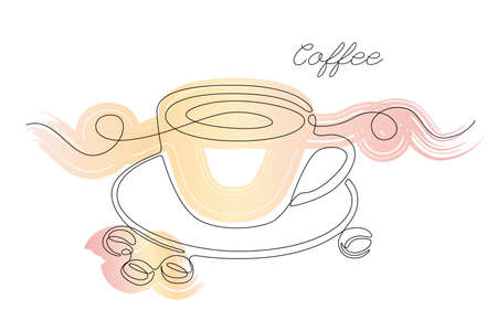 Continuous one line drawing of cup coffee with coffee bean. Simple modern line art with abstract pastel brushstroke for menu, logo, cafe, emblem, banner, card, prints, posters. Vector illustrationのイラスト素材