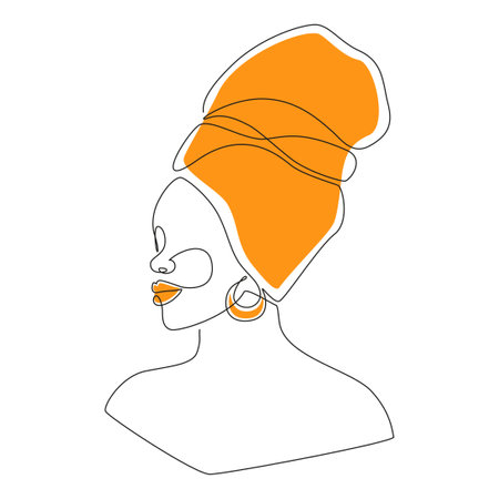 African woman face in one line drawing. Portrait of Beautiful woman in headwrap. Abstract modern Vector Illustration for logo, print, t-shirt, emblem, wall artのイラスト素材