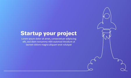 Business project Start Up concept with rocket ship in one line drawing style. Web banner with Launching a spaceship into open space. Editable stroke. Vector illustrationのイラスト素材