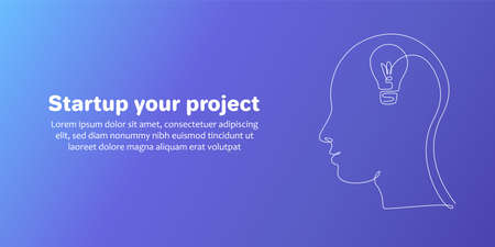 Light bulb in a human head in one line drawing style. Business project Start Up concept. Editable stroke. Vector illustrationのイラスト素材