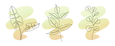 Set of tropical plant leaves in one lineart style. Vector Minimal posters in continuous line drawing...