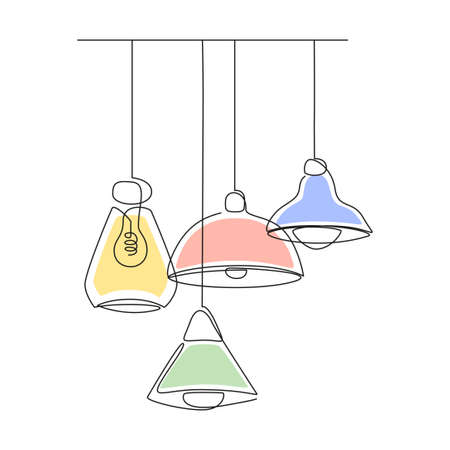 Set of loft lamps and iron lampshades in one line drawing. Vector illustration of Hanging vintage chandelier and pendant lamps with Edison bulbsのイラスト素材