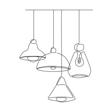 Loft lamps collection and lampshades in one line drawing. Vector illustration of Hanging modern chandelier and pendant lamps with Edison bulbsのイラスト素材