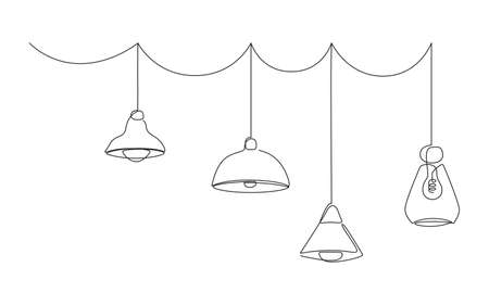 Loft lamps collection and lampshades in one line drawing. Horizotal Vector illustration of Hanging modern chandelier and pendant lamps with Edison bulbsのイラスト素材