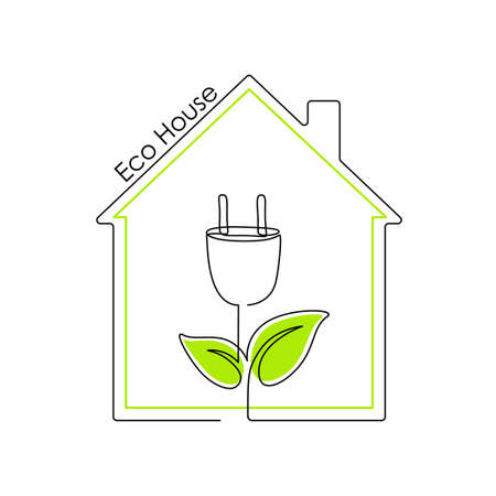House and plug like a plant in one line drawing. Save energy concept in minimalistic modern style and editable stroke. Vector illustrationのイラスト素材
