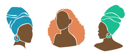 Group of Afro american womans in flat style. Black skin girls with headwear and curly hair. Vector illustrationのイラスト素材