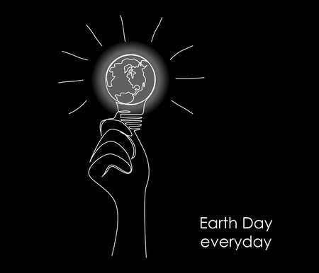 Earth globe inside the light bulb in one line drawing. World map in lamp in simple doodle style. Concept of Eco innovation, creative idea and green energy. Vector illustration isolated on blackのイラスト素材