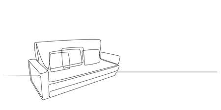 Sofa in one Continuous line drawing. Interior with couch in simple linear style. Editable stroke. Vector illustrationのイラスト素材