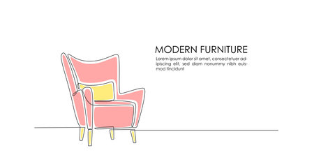 Continuous one line drawing of armchair with pillow. Modern chair in Linear style. Interior Furniture hand-drawn picture silhouette. Color Vector illustrationのイラスト素材