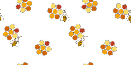Seamless pattern with Honey Bee and honeycomb in white Background. Flying insect in simple linear...