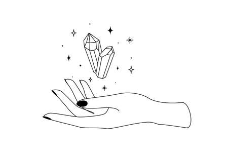 Mystic celestial crystal with constellation stars over woman hand outline silhouette. Vector illustration of Witch gemstone and Magic symbolのイラスト素材