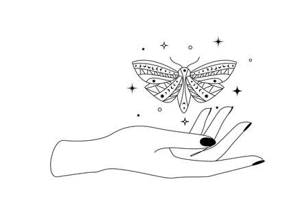 Mystic celestial butterfly with constellation stars over woman hand outline silhouette. Vector illustration of Witch moth and Magic symbolのイラスト素材