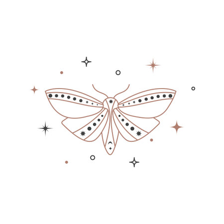 Mystical celestial night butterfly. Spiritual elegant moth for branding name  . Esoteric magic tatoo. Vector illustrationのイラスト素材