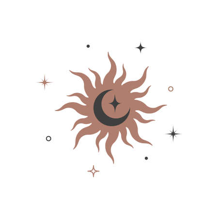 Mystical shining silhouette sun and crescent in retro vintage style. Spiritual elegant symbol for branding name  . Esoteric celestial Vector illustrationのイラスト素材