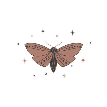 Mystical celestial night butterfly. Spiritual elegant moth for branding name  . Esoteric magic wings. Vector illustrationのイラスト素材