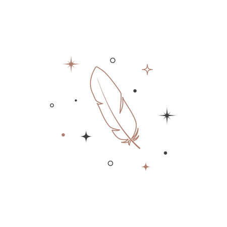 Mystical celestial feather quill in linear style.のイラスト素材
