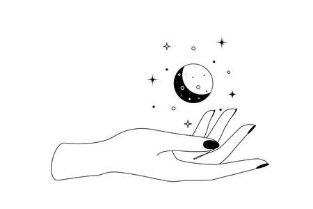 Mystic celestial crescent moon constellations over hand outline silhouette. Vector illustration of Boho Witch and Magic symbolのイラスト素材
