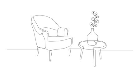 Continuous one line drawing of armchair and table with vase with plant. Scandinavian modern furniture in simple Linear style. Doodle vector illustrationのイラスト素材