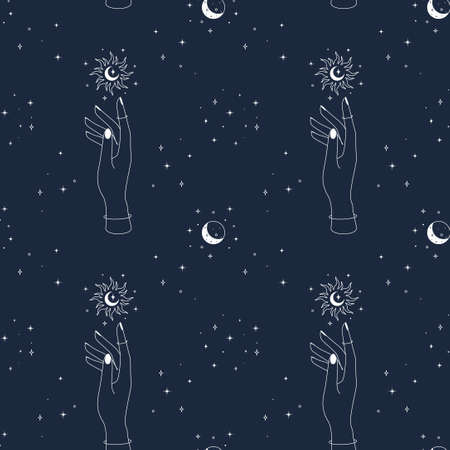 Magic seamless pattern with hand Sun moon and stars. Mystical esoteric and celestial dark blue background. Vector illustrationのイラスト素材