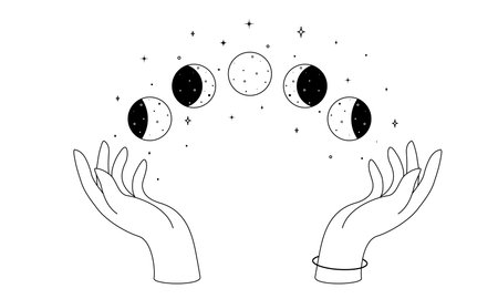 Alchemy esoteric mystical magic celestial talisman with woman hands and moon phases outline. Spiritual occultism object in simple linear style. Vector illustrationのイラスト素材