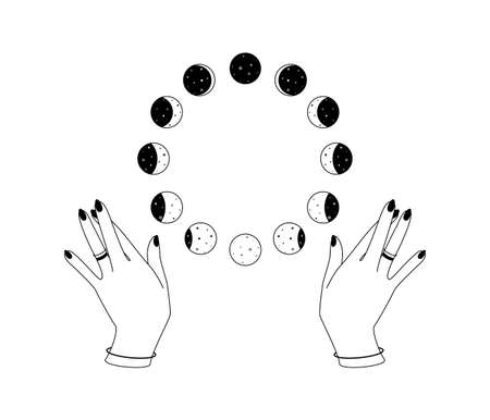 Circular phases of moon over woman hands outline. Bohemian celestial symbol. Spiritual occult signs in a simple linear style. Vector illustrationのイラスト素材