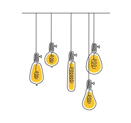 One continuous line drawing of shining lightbulbs. Hanging pendant Electric Loft lamps with Edison bulbs in doodle style. Vector illustrationのイラスト素材