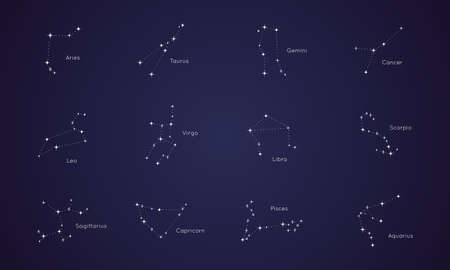 Set of Zodiac constellations signs. Astrological Horoscope Icons of Aries, Taurus, Leo, Gemini, Virgo, Scorpio, Libra, Aquarius, Sagittarius, Pisces, Capricorn, Cancer. Vector Illustrationのイラスト素材