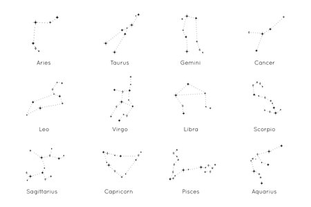 Collection of Zodiac constellations signs. Astrological Horoscope Icons of Aries, Taurus, Leo, Gemini, Virgo, Scorpio, Libra, Aquarius, Sagittarius, Pisces, Capricorn, Cancer. Vector Illustrationのイラスト素材