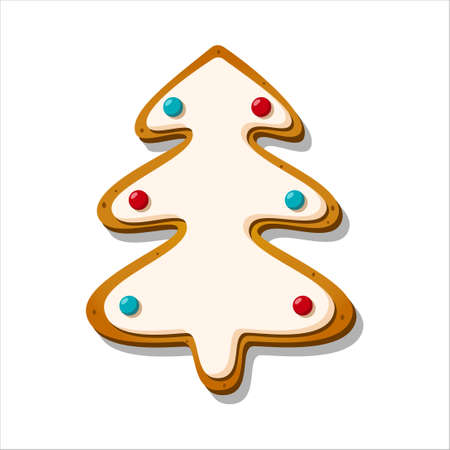 Christmas gingerbread cookies. Winter glazed sweet in shape of tree isolated on white background. Cartoon Vector illustrationのイラスト素材