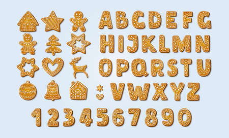 Christmas gingerbread alphabet font and numbers. Winter icing-sugar cookies in shape of gingerbread house and man, tree and reindeer, bell and star, snowflake and heart. Cartoon Vector illustrationのイラスト素材