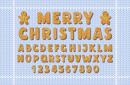 Christmas gingerbread alphabet font and numbers on blue knitting background. Winter icing-sugar cookies in shape of english letters with gingerbread men. Cartoon Vector illustrationのイラスト素材